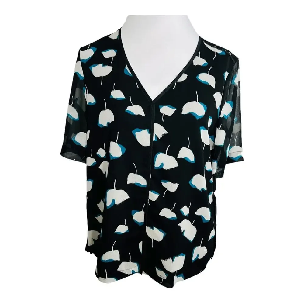 DKNY Floral Print V-Neck Elbow Sleeve L